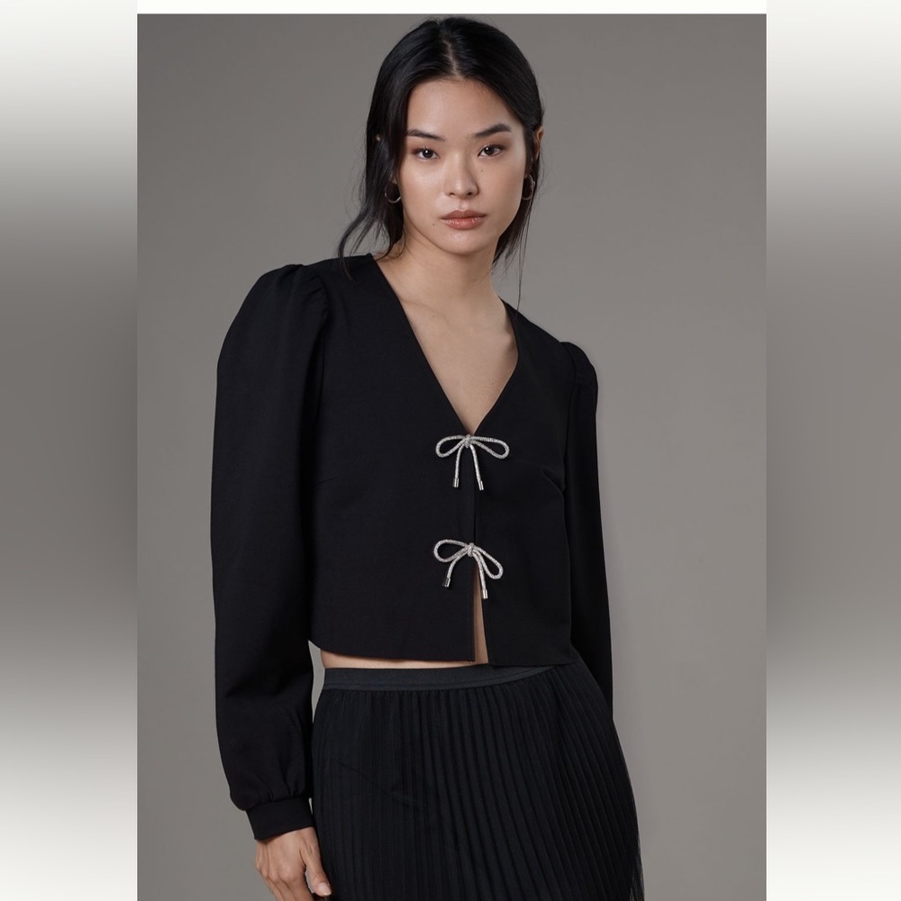 Anthropologie Dolan Left Coast Bow Front Cardigan Top Rhinestone Silver Black S